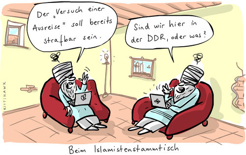 Cartoon: Ausreise (medium) by kittihawk tagged kittihawk,2015,ausreise,islamisten,terroristen,touristen,ddr,ausreiseverbot,strafbar,strafrecht,gesetz,keller,islamistenstammtisch,kittihawk,2015,ausreise,islamisten,terroristen,touristen,ddr,ausreiseverbot,strafbar,strafrecht,gesetz,keller,islamistenstammtisch