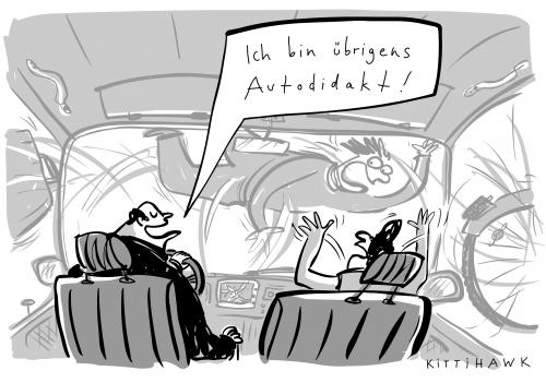 Cartoon: autodidakt (medium) by kittihawk tagged auto,didakt,verkehr,am,steuer,auto,autofahren,fahrzeug,unfall,wissen,bildung,fahrschule,führerschein,katastrophe,didakt,verkehr,am,steuer,überfahren,fahrrad,fahrradfahrer,schock,windschutzscheibe,frontscheibe,straßenverkehrsordnung,fahrschulen