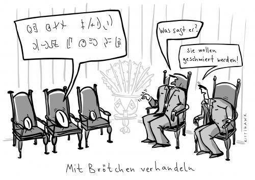 Cartoon: mit Brötchen verhandeln (medium) by kittihawk tagged verhandlung,korruption,schmiergeld,verhandlung,korruption,schmiergeld,kakerlaken,insekten,schmieren,politik,brötchen,fremde,diplomaten,wirtschaft,fremdsprache,übersetzen,dolmetscher,verwaltung,handel