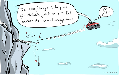 Cartoon: Nobelpreis medizin (medium) by kittihawk tagged kittihawk,2014,nobelpreis,medizin,orientierungssinn,zu,spät,auto,navigationssystem,verfahren,situation,unfall,klippe,leitplanke,durchbrechen,wissenschaft,kittihawk,2014,nobelpreis,medizin,orientierungssinn,zu,spät,auto,navigationssystem,verfahren,situation,unfall,klippe,leitplanke,durchbrechen,wissenschaft