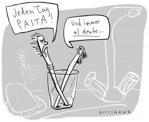 Cartoon: pasta (medium) by kittihawk tagged zähne,alltag,gewohnheit,putzen,hygiene,putzen,beschwerde,lästern,alltag,gewohnheit,essensreste,immer,wütend,wut,ärger,zähne,zahnbürste,bad,badezimmer,waschraum,waschbecken,essen,nahrung,lebensmittel,pasta,spaghetti,nudeln,bissfest,al,dente,italienisch