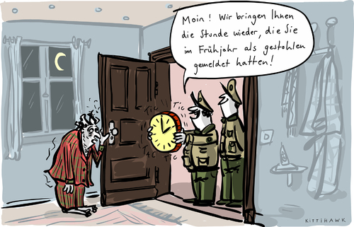 Cartoon: Stunde gestohlen (medium) by kittihawk tagged zeitumstellung,winterzeit,kittihawk,2015,zeitumstellung,winterzeit,kittihawk,2015