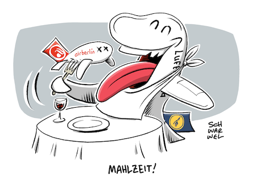 Cartoon: Air Berlin Lufthansa (medium) by Schwarwel tagged karikatur,schwarwel,lufthansa,air,berlin,übernahme,insolvenz,fluggesellschaft,flieger,flugzeug,airline,billigfluglinie,billigflug,billigflieger,konzern,wirtschaft,finanzen,insolvent,unternehmen,luftfahrt,luftfahrtgesellschaft,karikatur,schwarwel,lufthansa,air,berlin,übernahme,insolvenz,fluggesellschaft,flieger,flugzeug,airline,billigfluglinie,billigflug,billigflieger,konzern,wirtschaft,finanzen,insolvent,unternehmen,luftfahrt,luftfahrtgesellschaft