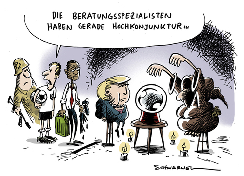 Cartoon: Allgemeine Lage (medium) by Schwarwel tagged angela,merkel,fußball,obama,hexe,puffelchen,beratung,krise,öl,wirtschaft,regierung,karikatur,schwarwel