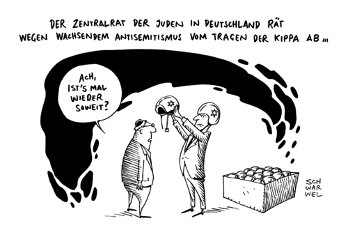 Cartoon: Antisemitismus Juden Kippa (medium) by Schwarwel tagged antisemitismus,juden,kippa,zentalrat,deutschland,tragen,karikatur,schwarwel,antisemitismus,juden,kippa,zentalrat,deutschland,tragen,karikatur,schwarwel