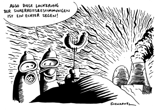 Cartoon: Atomdeal Lockerung Sicherheit (medium) by Schwarwel tagged atom,atomstrom,atomkraft,deal,sicherheit,bestimmung,lockerung,politik,regierung,deutschland,karikatur,schwarwel