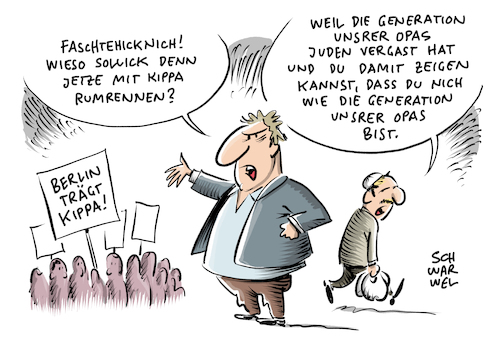 Cartoon: Berlin trägt Kippa (medium) by Schwarwel tagged berlin,trägt,kippa,solidarität,solidaritätsaktion,muslime,islam,religion,juden,judenhass,potsdam,deutschland,überfall,jude,jüdisch,jüdische,kopfbedeckung,zentralrat,der,angriff,israeli,gemeinde,antisemit,antisemitismus,demo,demonstration,demokratie,rassismus,rechtsextremismus,holocaust,vernichtung,nazideutschlnd,nationalsozialismus,fremdenfeindlichkeit,ausländer,ausländerhass,flüchtlinge,geflüchtete,flüchtlingspolitik,flüchtlingskrise,palästinenser,syrien,wirsindauchjuden,judenfeindlich,auschwitzinsassen,auschwitz,volksverhetzung,kippot,antisemitischer,in,prenzlauer,bergsynagoge,palästina,israel,rechtsextremisten,täter,opfer,davidstern,cartoon,karikatur,schwarwel,berlin,trägt,kippa,solidarität,solidaritätsaktion,muslime,islam,religion,juden,judenhass,potsdam,deutschland,überfall,jude,jüdisch,jüdische,kopfbedeckung,zentralrat,der,angriff,israeli,gemeinde,antisemit,antisemitismus,demo,demonstration,demokratie,rassismus,rechtsextremismus,holocaust,vernichtung,nazideutschlnd,nationalsozialismus,fremdenfeindlichkeit,ausländer,ausländerhass,flüchtlinge,geflüchtete,flüchtlingspolitik,flüchtlingskrise,palästinenser,syrien,wirsindauchjuden,judenfeindlich,auschwitzinsassen,auschwitz,volksverhetzung,kippot,antisemitischer,in,prenzlauer,bergsynagoge,palästina,israel,rechtsextremisten,täter,opfer,davidstern,cartoon,karikatur,schwarwel