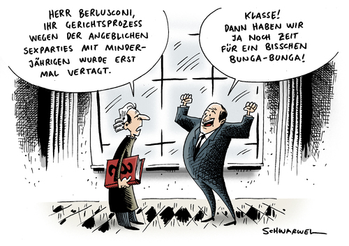 Cartoon: Berlusconi Bunga-Prozess vertagt (medium) by Schwarwel tagged berlusconi,bunga,party,gericht,prozess,klage,anklage,gesetz,verfassung,verbrechen,minderjährig,politiker,italien,frau,mann,mädchen,girl,show,prostituierte,ruby,staat,macht,missbrauch,premier,minister,fest,villa,mailand,orgie,sexorgie,milliardär,karikatur,schwarwel,berlusconi,bunga,party,gericht,prozess,klage,anklage,gesetz,verfassung,verbrechen,minderjährig