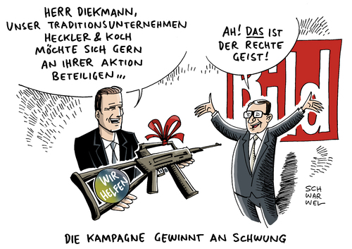 Cartoon: Bild Hilfsaktion in der Kritik (medium) by Schwarwel tagged bild,hilfsaktion,in,der,kritik,chef,kai,diekmann,waffen,terror,gewalt,heckler,koch,geschenk,wir,helfen,hilfe,aktion,kampagne,karikatur,schwarwel,gewehr,pannengewehr,waffenproduzent,sturmgewehr,g36,bild,hilfsaktion,in,der,kritik,chef,kai,diekmann,waffen,terror,gewalt,heckler,koch,geschenk,wir,helfen,hilfe,aktion,kampagne,karikatur,schwarwel,gewehr,pannengewehr,waffenproduzent,sturmgewehr,g36