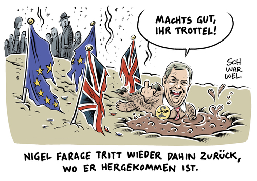 Cartoon: Brexit Farage wirft hin (medium) by Schwarwel tagged brexit,votum,referendum,austritt,england,großbritannien,great,britain,eu,europäische,union,rechtspopulismus,rechts,nazi,ukip,chef,farage,karikatur,schwarwel,brexit,votum,referendum,austritt,england,großbritannien,great,britain,eu,europäische,union,rechtspopulismus,rechts,nazi,ukip,chef,farage,karikatur,schwarwel