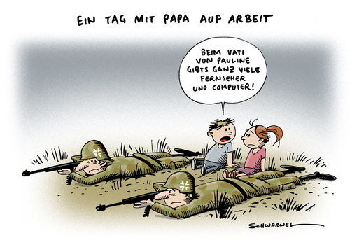 Cartoon: Bundeswehr Familie Beruf (medium) by Schwarwel tagged bundeswehr,familie,beruf,vorschlag,vereinbarkeit,kinder,eltern,job,sozial,geld,lohn,gehalt,von,der,leyen,karikatur,schwarwel,bundeswehr,familie,beruf,vorschlag,vereinbarkeit,kinder,eltern,job,sozial,geld,lohn,gehalt,von,der,leyen,karikatur,schwarwel