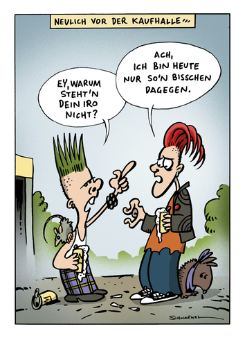 Cartoon: Cartoon von Schwarwel (medium) by Schwarwel tagged cartoon,schwarwel,punk,dagegen,mann,witz,lustig,iro,tier,bier,szene,contra,kaufhalle,iro,tier,bier,szene,contra,kaufhalle,punk,jugend,trend,frisur,style,fashion,mode,lifestyle,anti