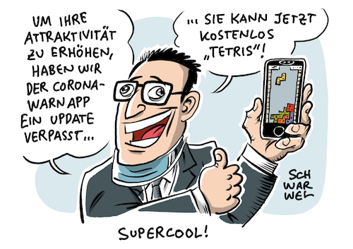 Cartoon: Corona App Spahn (medium) by Schwarwel tagged corona,coronavirus,covid19,coronapandemie,pandemie,coronakrise,kontaktbeschränkungen,quarantäne,sperrstunde,alkoholverbot,reisebeschränkungen,virus,virusinfektion,coronatest,rki,neuinfektionen,gesundheitsamt,infektionsschutz,infektionsketten,mundnasenschutz,maskenpflicht,schutzmaske,hygienekonzept,hände,waschen,abstand,halten,abstandsregeln,hotspots,who,reisewarnung,mns,cartoon,karikatur,schwarwel,infektionszahlen,coronaampel,coronaapp,coronainfektionszahlen,lockdown,shutdown,virologe,drosten,gesundheitsminister,spahn,pandemiebekäpfung,tetris,digital,smartphone,iphone,corona,coronavirus,covid19,coronapandemie,pandemie,coronakrise,kontaktbeschränkungen,quarantäne,sperrstunde,alkoholverbot,reisebeschränkungen,virus,virusinfektion,coronatest,rki,neuinfektionen,gesundheitsamt,infektionsschutz,infektionsketten,mundnasenschutz,maskenpflicht,schutzmaske,hygienekonzept,hände,waschen,abstand,halten,abstandsregeln,hotspots,who,reisewarnung,mns,cartoon,karikatur,schwarwel,infektionszahlen,coronaampel,coronaapp,coronainfektionszahlen,lockdown,shutdown,virologe,drosten,gesundheitsminister,spahn,pandemiebekäpfung,tetris,digital,smartphone,iphone