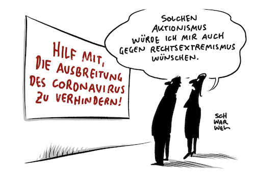 Cartoon: Coronavirus Rechtsextremismus (medium) by Schwarwel tagged coronavirus,corona,virus,infektion,krank,krankheit,epidemie,pandemie,china,grippe,medizin,pharma,rechtsextremismus,rechtsextrem,rechtsterrorismus,mordanschläge,terroranschläge,hanau,lübcke,nsu,mord,terror,rechtsextremer,afd,hass,hetze,hasskommentare,todeslisten,morddrohungen,combat,18,nazi,nazis,entnazifizierung,synagoge,halle,islamfeindlichkeit,holocaust,hitler,noafd,nonazis,moscheen,islam,fremdenfeindlichkeit,ausländerfeindlichkeit,gruppe,verfassungsschutz,rechte,terrorzelle,rechtsterroristen,cartoon,karikatur,schwarwel,coronavirus,corona,virus,infektion,krank,krankheit,epidemie,pandemie,china,grippe,medizin,pharma,rechtsextremismus,rechtsextrem,rechtsterrorismus,mordanschläge,terroranschläge,hanau,lübcke,nsu,mord,terror,rechtsextremer,afd,hass,hetze,hasskommentare,todeslisten,morddrohungen,combat,18,nazi,nazis,entnazifizierung,synagoge,halle,islamfeindlichkeit,holocaust,hitler,noafd,nonazis,moscheen,islam,fremdenfeindlichkeit,ausländerfeindlichkeit,gruppe,verfassungsschutz,rechte,terrorzelle,rechtsterroristen,cartoon,karikatur,schwarwel