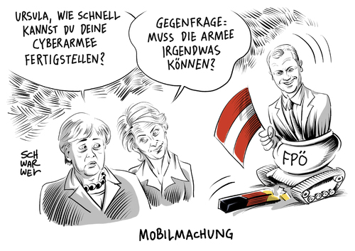 Cartoon: Cyberarmee und FPÖ Hofer (medium) by Schwarwel tagged verteidigung,krieg,frieden,verteidigungsministerin,von,der,leyen,cyberarmee,armee,heer,wahlsieger,tirol,fpö,kandidat,hofer,rechts,rechtspopulismus,panzer,nazi,rassist,österreich,karikatur,schwarwel,burschenschaft,verteidigung,krieg,frieden,verteidigungsministerin,von,der,leyen,cyberarmee,armee,heer,wahlsieger,tirol,fpö,kandidat,hofer,rechts,rechtspopulismus,panzer,nazi,rassist,österreich,karikatur,schwarwel,burschenschaft