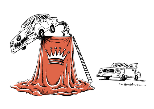 Cartoon: Daimler kratzt am Thron von BMW (medium) by Schwarwel tagged premium,autobauer,daimler,mercedes,thron,bmw,auto,kfz,hersteller,karikatur,schwarwel,konkurrenz,premium,autobauer,daimler,mercedes,thron,bmw,auto,kfz,hersteller,karikatur,schwarwel,konkurrenz