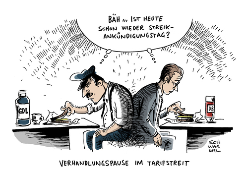 Cartoon: DB GDL Bahn Tarifstreit (medium) by Schwarwel tagged db,gdl,bahn,tarifstreit,tarif,streit,lokführer,deutsche,gewerkschaft,deutscher,karikatur,schwarwel,verhandlung,arbeit,job,lohn,frühstück,db,gdl,bahn,tarifstreit,tarif,streit,lokführer,deutsche,gewerkschaft,deutscher,karikatur,schwarwel,verhandlung,arbeit,job,lohn,frühstück