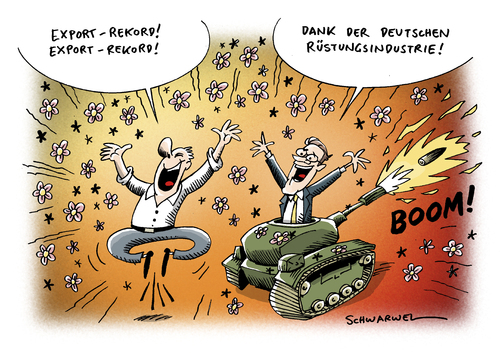 Cartoon: Deutscher Export-Rekord (medium) by Schwarwel tagged deutsch,deutschland,export,rekord,industrie,handel,rüstung,waffen,panzer,krieg,terror,gewalt,geld,politik,boom,aufrüstung,welt,maschinen,kampf,jets,flieger,bomber,militär,boot,arbeit,arbeitsplatz,gehalt,lohn,millionen,milliarde,euro,armee,soldat,unternehmen,konzern,frieden,karikatur,schwarwel,deutsch,deutschland,export,rekord,industrie,handel,rüstung,panzer,waffen,terror,krieg,geld,aufrüstung,welt,maschinen