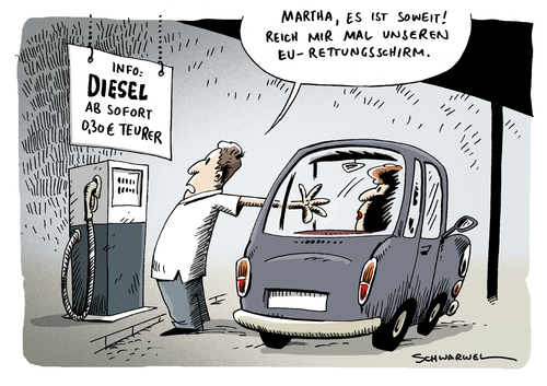 Cartoon: Diesel teurer (medium) by Schwarwel tagged diesel,auto,mann,frau,eu,schirm,rettungsschirm,rettung,tankstelle,tanken,geld,teuer,teurer,erhöhung,krise,wirtschaft,finanzen,kfz,karikatur,schwarwel,diesel,auto,mann,frau,schirm,rettungsschirm,rettung,tankstelle,eu,tanken,erhöhung,krise,wirtschaft,finanzen,teurer,kfz,sprit