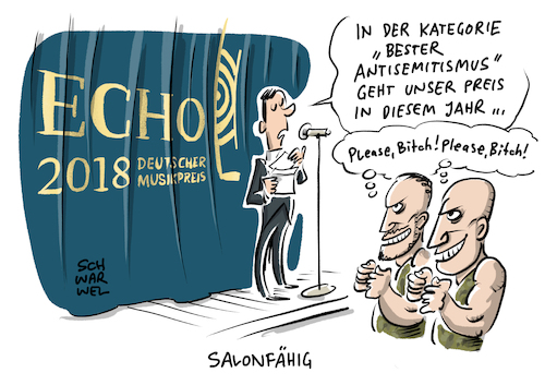 Cartoon: Echo Kollegah und Farid Bang (medium) by Schwarwel tagged echo,musikpreis,musik,musikindustrie,musikbusiness,kollegah,farid,bang,sänger,gesang,antisemitismus,antisemitisch,frauenhass,feminismus,sexismus,sexistisch,rap,hip,hop,faschismus,faschistisch,rechtsextrem,rechtsextremismus,rassistisch,rassismus,rassenhass,juden,judenhass,rapper,show,showact,verleugnung,holocaust,bücherverbrennung,nationalsozialismus,heil,hitler,sieg,vernichtung,vernichtungslager,auschwitz,minderheit,gleichberechtigung,minderheiten,spongebozz,echoverleihung,verleihung,flüchtlinge,geflüchtete,flüchtlingskrise,cartoon,karikatur,schwarwel,echo,musikpreis,musik,musikindustrie,musikbusiness,kollegah,farid,bang,sänger,gesang,antisemitismus,antisemitisch,frauenhass,feminismus,sexismus,sexistisch,rap,hip,hop,faschismus,faschistisch,rechtsextrem,rechtsextremismus,rassistisch,rassismus,rassenhass,juden,judenhass,rapper,show,showact,verleugnung,holocaust,bücherverbrennung,nationalsozialismus,heil,hitler,sieg,vernichtung,vernichtungslager,auschwitz,minderheit,gleichberechtigung,minderheiten,spongebozz,echoverleihung,verleihung,flüchtlinge,geflüchtete,flüchtlingskrise,cartoon,karikatur,schwarwel