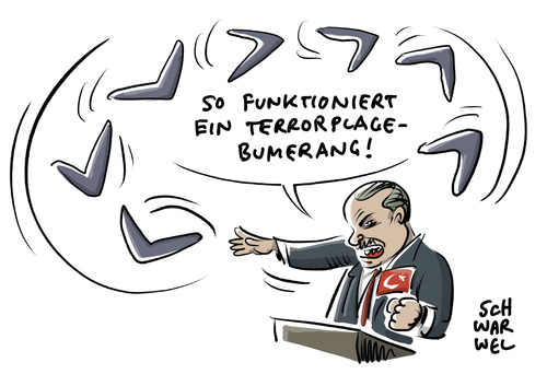 Cartoon: Erdogan Terrorplage (medium) by Schwarwel tagged erdogan,türkei,krieg,terror,terrorplage,bumerang,terrorismus,karikatur,schwarwel,erdogan,türkei,krieg,terror,terrorplage,bumerang,terrorismus,karikatur,schwarwel