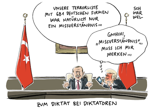 Cartoon: Erdogan Terrorverdacht (medium) by Schwarwel tagged erdogan,türkei,diktatur,demokratie,säuberung,terrorverdächtige,deutsche,firmen,säuberungswelle,putsch,terror,terrorverdacht,terrorristen,krieg,missverständnis,staatschef,präsident,politik,außenpolitik,politiker