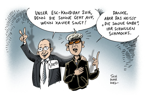 Cartoon: ESC Xavier Naidoo (medium) by Schwarwel tagged xavier,naidoo,esc,euro,vision,song,contest,teilnehmer,sonne,ndr,kandidat,musik,antisemitismus,rechts,nazi,homophob,homophobie,schwul,rechtspopulismus,karikatur,schwarwel,xavier,naidoo,esc,euro,vision,song,contest,teilnehmer,sonne,ndr,kandidat,musik,antisemitismus,rechts,nazi,homophob,homophobie,schwul,rechtspopulismus,karikatur,schwarwel