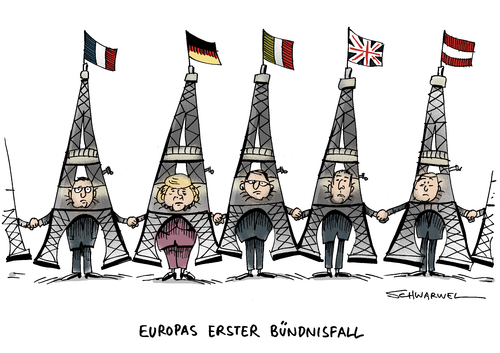 Cartoon: EU Bündnisfall Frankreich IS (medium) by Schwarwel tagged eu,bündnisfall,frankreich,is,europäische,union,islamischer,staat,terror,gewalt,mor,tot,tod,überfall,anschlag,selbstmordattentat,attentäter,attentat,deutschland,merkel,hollande,militärischer,beistand,militär,krieg,syrien,islam,muslime,kampf,karikatur,schwarwel,eu,bündnisfall,frankreich,is,europäische,union,islamischer,staat,terror,gewalt,mor,tot,tod,überfall,anschlag,selbstmordattentat,attentäter,attentat,deutschland,merkel,hollande,militärischer,beistand,militär,krieg,syrien,islam,muslime,kampf,karikatur,schwarwel