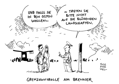 Cartoon: Flüchtlinge Grenzkrontrollen (medium) by Schwarwel tagged flüchtlinge,richtung,deutschland,brenner,grenze,asyl,asylsuchende,flüchtlingspolitik,ungarn,ausreisekarikatur,schwarwel,blühende,landschaften,grenzkrontrollen,flüchtlinge,richtung,deutschland,brenner,grenze,asyl,asylsuchende,flüchtlingspolitik,ungarn,ausreisekarikatur,schwarwel,blühende,landschaften,grenzkrontrollen