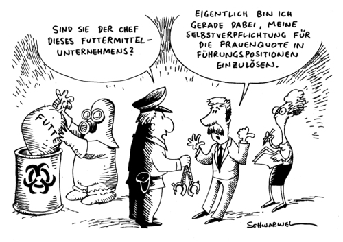 Cartoon: Frauenquote und Dioxin (medium) by Schwarwel tagged von,der,leyen,frauenquote,futtermittel,skandal,futter,dioxin,ei,gift,huhn,schwein,pute,hersteller,nahrung,lebensmittel,macho,firmen,ultimatum,arbeit,ministerin,führung,gesetz,karikatur,schwarwel,politik,wirtschaft,deutschland,chef,unternehmen,leyen,frauenquote,futtermittel,skandal,futter,dioxin,ei,gift,huhn,schwein,pute,nahrung,lebensmittel,ultimatum,unternehmender