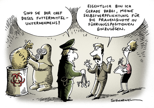 Cartoon: Frauenquote und Dioxin (medium) by Schwarwel tagged von,der,leyen,frauenquote,futtermittel,skandal,futter,dioxin,ei,gift,huhn,schwein,pute,hersteller,nahrung,lebensmittel,macho,firmen,ultimatum,arbeit,ministerin,führung,gesetz,karikatur,schwarwel,chef,unternehmen,politik,wirtschaft,deutschland,leyen,frauenquote,futtermittel,skandal,futter,dioxin,ei,gift,huhn,schwein,pute,nahrung,lebensmittel,ultimatum,unternehmen