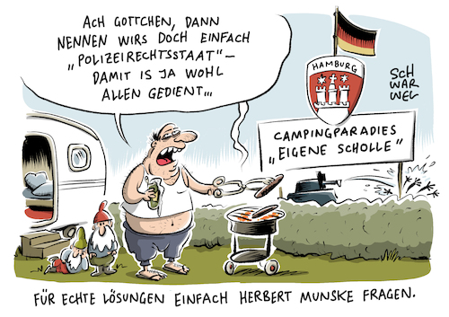 Cartoon: G20 Proteste Camp Polizei (medium) by Schwarwel tagged karikatur,scharwel,g20,gipfel,linksextremisten,autonome,autonomendemo,antifaschisten,schwarzer,block,rote,flora,ausnahmezustand,gewaltbereit,gipfelgegner,gipfeltreffen,klima,klimaschutz,gegendemonstranten,protestcamp,proteste,gegner,demo,demonstrationsrecht,demonstranten,antifa,militant,polizei,polizeirechtsstaat,rechtsstaat,abriegelung,sperrung,hamburg,hansestadt,deutschland,politik,politiker,staatschefs,regierungschefs,globalisierung,kapitalismus,ausschreitungen,karikatur,scharwel,g20,gipfel,linksextremisten,autonome,autonomendemo,antifaschisten,schwarzer,block,rote,flora,ausnahmezustand,gewaltbereit,gipfelgegner,gipfeltreffen,klima,klimaschutz,gegendemonstranten,protestcamp,proteste,gegner,demo,demonstrationsrecht,demonstranten,antifa,militant,polizei,polizeirechtsstaat,rechtsstaat,abriegelung,sperrung,hamburg,hansestadt,deutschland,politik,politiker,staatschefs,regierungschefs,globalisierung,kapitalismus,ausschreitungen