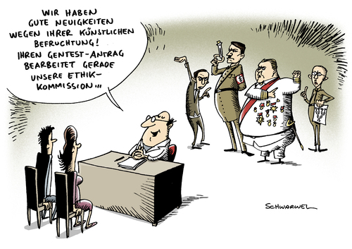 Cartoon: Gentests an Embryonen erlaubt (medium) by Schwarwel tagged gentest,embryo,bundesrat,eltern,arzt,klinik,baby,kind,künstliche,befruchtung,ethik,kommission,karikatur,schwarwel,gentest,embryo,bundesrat,eltern,arzt,klinik,baby,kind,künstliche,befruchtung,ethik,kommission,karikatur,schwarwel