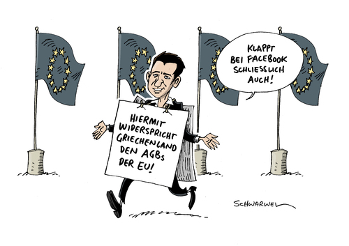 Cartoon: Griechenland Tsipras gegen EU (medium) by Schwarwel tagged griechenland,tsipras,gegen,eu,regierung,dogmen,europäische,union,facebook,widerspruch,agb,karikatur,schwarwel,politik,griechenland,tsipras,gegen,eu,regierung,dogmen,europäische,union,facebook,widerspruch,agb,karikatur,schwarwel,politik