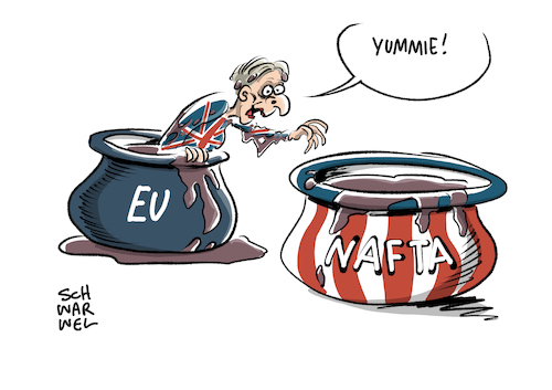 Cartoon: Harter Brexit Nafta (medium) by Schwarwel tagged brexit,england,großbritannien,engländer,theresa,may,ausstieg,eu,europäische,union,great,britain,verhandlungen,karikatur,schwarwel,nafta,brexit,england,großbritannien,engländer,theresa,may,ausstieg,eu,europäische,union,great,britain,verhandlungen,karikatur,schwarwel,nafta