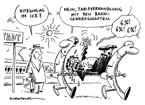 Cartoon: Hitzschlag im ICE und Bahn-Tarif (medium) by Schwarwel tagged hitzschlag,ice,deutsche,bahn,tarifverhandlungen,karikatur,schwarwel