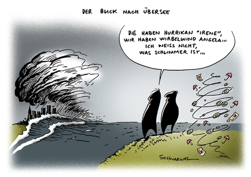 Cartoon: Hurrikan Irene und Merkel (medium) by Schwarwel tagged hurrikan,hurrican,irene,us,usa,wind,merkel,europa,politik,natur,katastrofe,new,york,sturm,tod,tot,menschen,obdachlos,wasser,küste,ostkueste,karikatur,schwarwel,hurrikan,irene,usa,wind,sturm,new york,naturgewalten,natur,naturkatastrophe,new,york