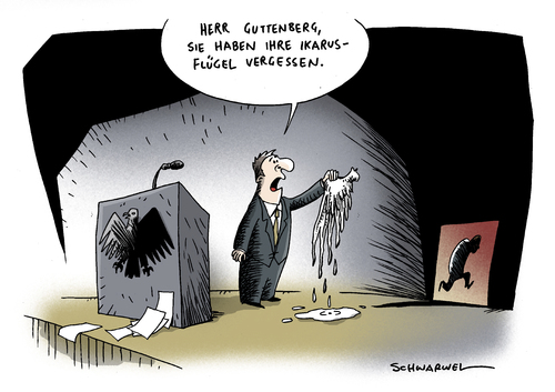 Cartoon: Ikarus Guttenberg (medium) by Schwarwel tagged guttenberg,ikarus,rücktritt,minister,verteidigungsminister,deutschland,politik,staat,plagiat,affäre,karriere,republik,militär,bundeswehr,armee,soldat,professor,uni,universität,doktor,doktorarbeit,betrug,fälschung,copy,paste,politiker,entlassung,amt,verantwortung,gorck,fock,krieg,populist,karikatur,schwarwel,karriere,blitzkarriere,guttenberg,rücktritt,plagiat,affäre,doktorarbeit,betrug,lüge