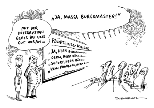 Cartoon: Integration Flüchtlingsknigge (medium) by Schwarwel tagged integration,flüchtlingsknigge,flüchtlinge,brief,baden,würtemberg,flüchtlingskrise,asyl,asysuchende,knigge,bürgermeister,verhalten,deutschland,benehmen,karikatur,schwarwel,integration,flüchtlingsknigge,flüchtlinge,brief,baden,würtemberg,flüchtlingskrise,asyl,asysuchende,knigge,bürgermeister,verhalten,deutschland,benehmen,karikatur,schwarwel