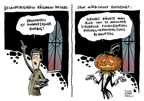 Cartoon: Käßmann Halloween Kirche (medium) by Schwarwel tagged käßmann,halloween,kirche,kommerz,humbug,gefährdung,reformationstag,karikatur,schwarwel,jack,kürbiskopf,kürbis,feiertag,bischof,käßmann,halloween,kirche,kommerz,humbug,gefährdung,reformationstag,karikatur,schwarwel,jack,kürbiskopf,kürbis,feiertag,bischof