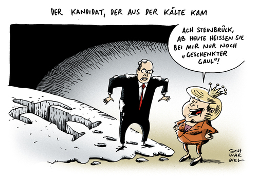 Cartoon: Kanzlerkandidat (medium) by Schwarwel tagged kanzlerkandidat,spd,peer,steinbrückangela,angie,merkel,politik,wahl,deutschland,karikatur,schwarwel,kanzlerkandidat,spd,peer,steinbrückangela,angie,merkel,politik,wahl,deutschland,karikatur,schwarwel