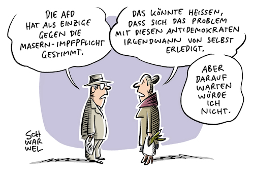 Cartoon: Masern Impflicht AfD (medium) by Schwarwel tagged bundestag,regierung,gesetz,masern,impflicht,impfung,impfgegner,afd,rechtsextremisten,rechtsextremismus,rassisten,rassismus,antidemokraten,demokratie,spritze,medizin,pharma,krankenhaus,arzt,ärzte,klinik,krank,krankheit,gesund,gesundheit,gesundheitseinrichtungen,flüchtlingsunterkünfte,kitas,kindergarten,schule,schulen,maseernschutz,kinderschutz,bundesgesundheitsminister,jens,spahn,zwangsimpfung,medikamente,pharmaindustrie,cartoon,karikatur,schwarwel,bundestag,regierung,gesetz,masern,impflicht,impfung,impfgegner,afd,rechtsextremisten,rechtsextremismus,rassisten,rassismus,antidemokraten,demokratie,spritze,medizin,pharma,krankenhaus,arzt,ärzte,klinik,krank,krankheit,gesund,gesundheit,gesundheitseinrichtungen,flüchtlingsunterkünfte,kitas,kindergarten,schule,schulen,maseernschutz,kinderschutz,bundesgesundheitsminister,jens,spahn,zwangsimpfung,medikamente,pharmaindustrie,cartoon,karikatur,schwarwel