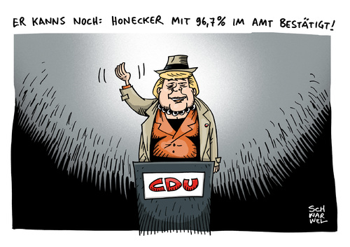 Cartoon: Merkel Wiederwahl Vorsitz (medium) by Schwarwel tagged cdu,parteitag,partei,kazlerin,angela,merkel,überwältigende,mehrheit,wiederwahl,vorsitzende,karikatur,schwarwel,honecker,amt,cdu,parteitag,partei,kazlerin,angela,merkel,überwältigende,mehrheit,wiederwahl,vorsitzende,karikatur,schwarwel,honecker,amt