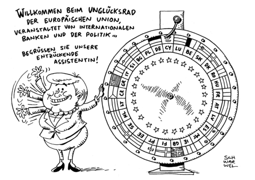 Cartoon: Merkel Zypern bankrott (medium) by Schwarwel tagged merkel,zypern,bankrott,geld,wirtschaft,finanzen,krise,glücksrad,politik,europäische,union,banken,karikatur,schwarwel,merkel,zypern,bankrott,geld,wirtschaft,finanzen,krise,glücksrad,politik,europäische,union,banken,karikatur,schwarwel