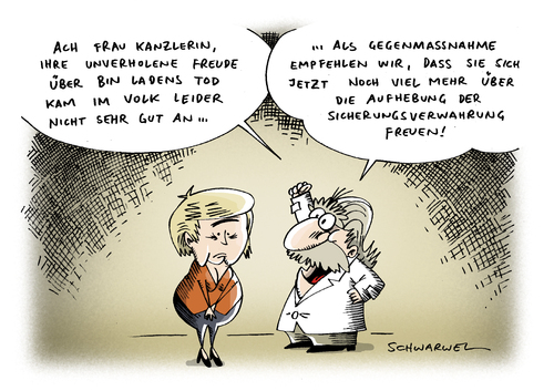 Cartoon: Merkels Freude Tod Bin Ladens (medium) by Schwarwel tagged merkel,angie,bin,laden,tod,freude,sicherungsverwahrung,kanzlerin,deutschland,staat,regierung,politik,volk,bürger,menschen,usa,pflicht,handeln,moral,qaida,chef,us,soldaten,mord,gewalt,waffen,erschießen,kugel,pakistan,geheimdienst,attacke,osama,terror,barack,obama,militär,karikatur,schwarwel,terrorismus,bekämpfung,kampf,schwächung,bombe,angela merkel,tod,freude,sicherungsverwahrung,sicherheit,deutschland,kanzlerin,staat,regierung,bürger,menschen,angela,merkel