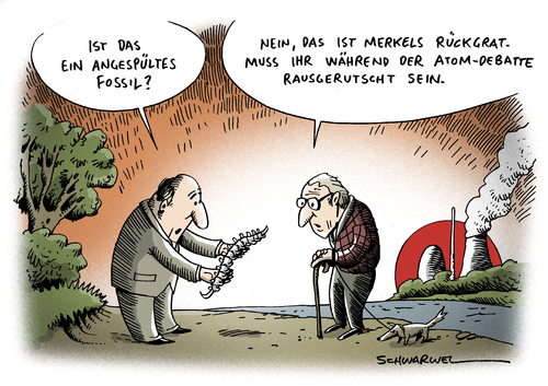 Cartoon: Merkels Rückgrat (medium) by Schwarwel tagged angela,merkel,atom,atomstrom,atomkraftwerk,debatte,rückgrat,akw,explosion,tsunami,erdbeben,radioaktivität,deutschland,japan,politik,regierung,staat,natur,zerstörung,tod,mensch,karikatur,schwarwel,regierung,angela merkel,koalition,schwarz,gelb,cdu,csu,fdp,atomenergie,atomkraftwerk,at0mkraft,ethik,japan,atomunfall,katastrophe,fukushima,angela,merkel