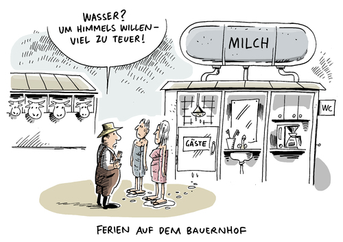 Cartoon: Milchpreis Milchkrise (medium) by Schwarwel tagged milchpreis,milchkrise,milch,preis,kosten,kostendruck,kuhstall,lebensmittel,tier,kuh,kühe,nahrung,bauer,bauern,landwirtschaft,bauernhof,ferien,wasser,gäste,karikatur,schwarwel,agra,agrar,wirtschaft,finanzen,geld,milchpreis,milchkrise,milch,preis,kosten,kostendruck,kuhstall,lebensmittel,tier,kuh,kühe,nahrung,bauer,bauern,landwirtschaft,bauernhof,ferien,wasser,gäste,karikatur,schwarwel,agra,agrar,wirtschaft,finanzen,geld