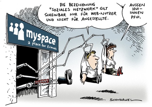 Cartoon: MySpace entlässt Belegschaft (medium) by Schwarwel tagged myspace,belegschaft,entlassung,welt,weltweit,job,arbeitslos,arbeitslosigkeit,web,www,geld,lohn,sozial,netzwerk,angestellte,arbeiter,arbeitnehmer,social,network,stellen,streichung,gewinn,krise,unternehmen,entertainment,nutzer,user,mike,jones,karikatur,schwarwel,myspace,belegschaft,entlassung,welt,weltweit,job,arbeitslos,arbeitslosigkeit,www,netzwerk,angestellte,arbeiter,arbeitnehmer,social network,streichung,stellen,social,network