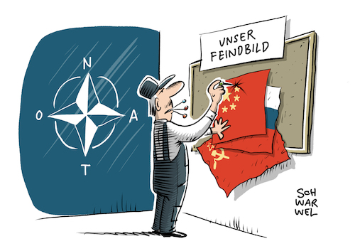 Cartoon: NATO China Bedrohung (medium) by Schwarwel tagged gipfel,london,nato,china,bedrohung,feind,feindbild,angst,krieg,militär,militärmacht,mobilfunkstandard,5g,huawei,technologie,daten,datensicherheit,sicherheit,militärbündnis,terror,terrorismus,abrüstung,abrüstungsabkommen,russland,atomwaffen,atomkrieg,waffen,gewalt,cartoon,karikatur,schwarwel,gipfel,london,nato,china,bedrohung,feind,feindbild,angst,krieg,militär,militärmacht,mobilfunkstandard,5g,huawei,technologie,daten,datensicherheit,sicherheit,militärbündnis,terror,terrorismus,abrüstung,abrüstungsabkommen,russland,atomwaffen,atomkrieg,waffen,gewalt,cartoon,karikatur,schwarwel