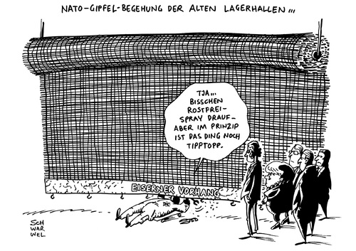 Cartoon: Nato Gipfel Eiserner Vorhang (medium) by Schwarwel tagged nato,gipfel,eiserner,vorhang,wales,mitgliedsstaaten,umgang,russland,merkel,obama,ukraine,konflikt,putin,karikatur,schwarwel,nato,gipfel,eiserner,vorhang,wales,mitgliedsstaaten,umgang,russland,merkel,obama,ukraine,konflikt,putin,karikatur,schwarwel